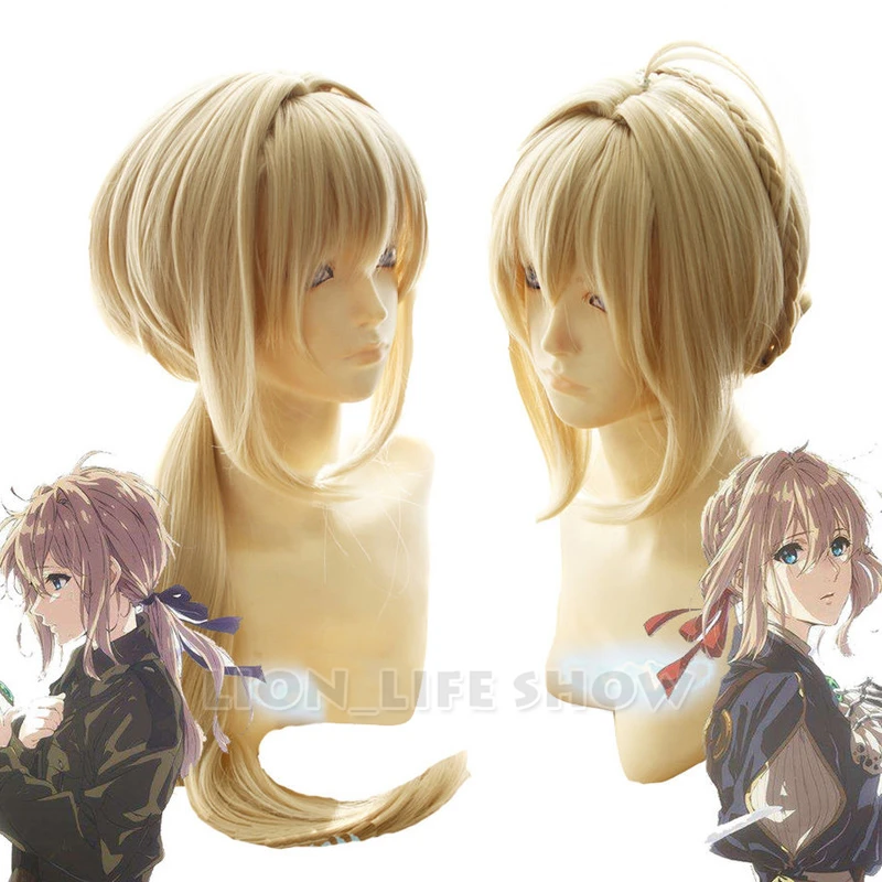 

Violet Evergarden Long Ponytail Braid Bun Bangs Blonde Cosplay Wig Party Wigs