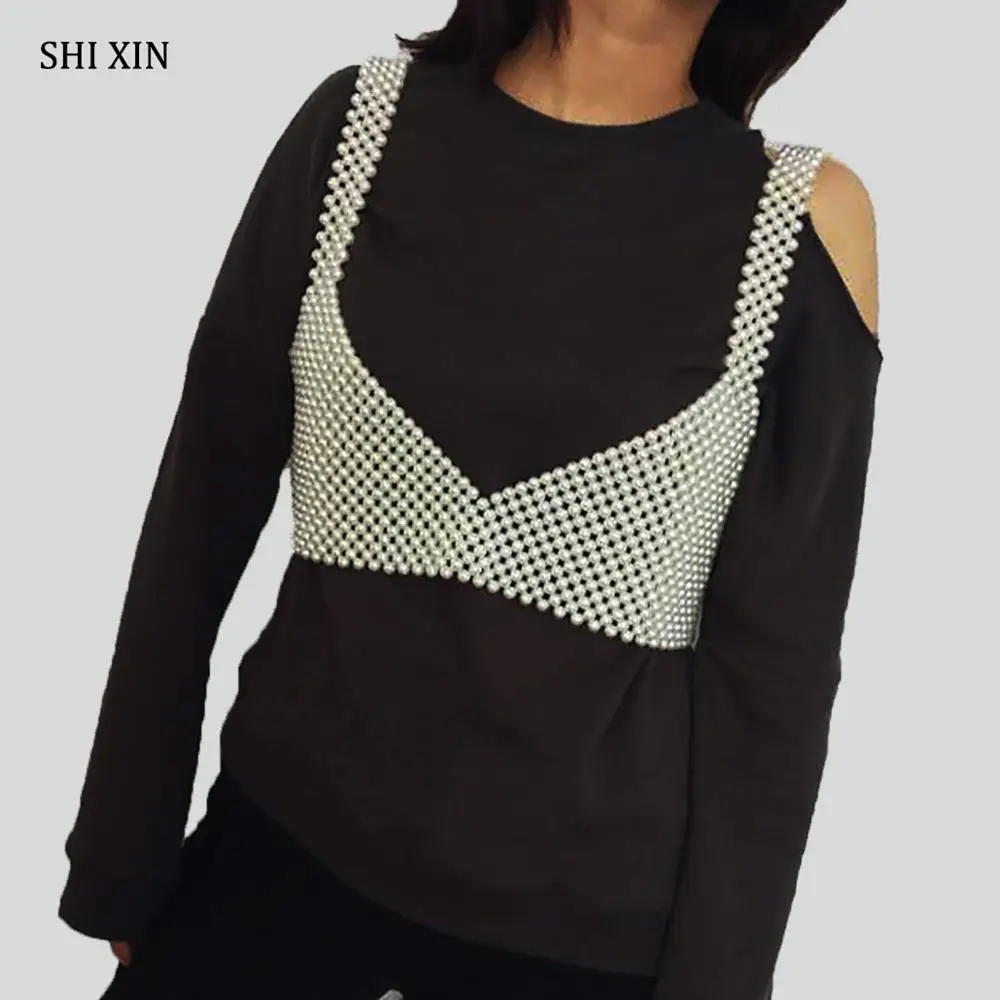

SHIXIN Sexy Crop Tanks Top Women Summer Elegant Pearl Cover Up Halter Bikini Body Jewelry Nightclub Party Beach Vest Chest Chain