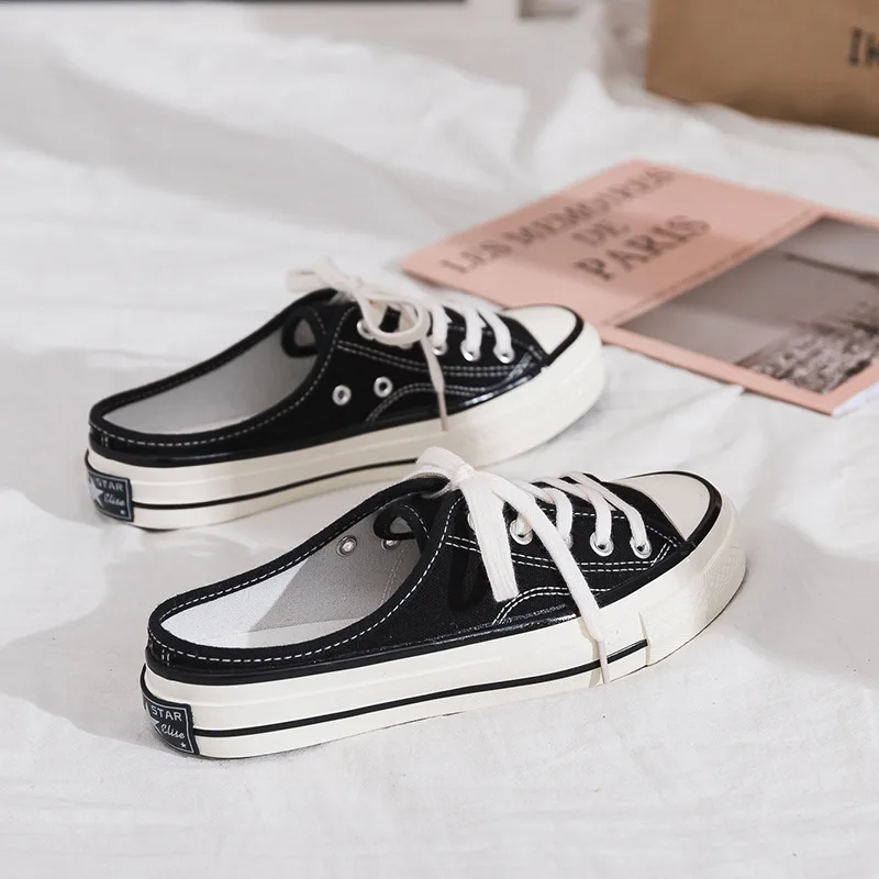 

Mazefeng Summer 2019 Woman Half Slipper Canvas Shoes Flat Sneakers Women Casual Comfortable Loafer Driving Lazy Lace Up Shoes