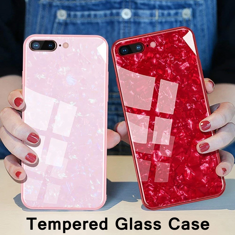 

Tempered Glass Case For iPhone 8 7 6s plus Fundas iphone 7 6plus Glitter Shell Back Cover For iPhone 6 6s X 10 silicon Case Capa