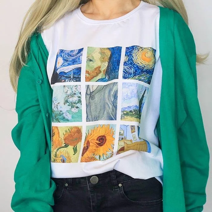 Kaufen Fashionshow JF 1 stücke Van Gogh Monet Alphonse Mucha Hokusai Kunst Druck T shirt Sommer Mode Top Kurzarm Baumwolle frauen T shirt