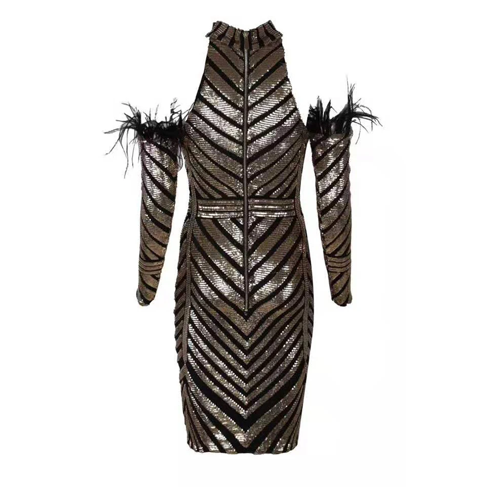 Летнее Новое Элегантное Золотое платье с блестками и перьями Vestidos женские вечерние платья с длинным рукавом