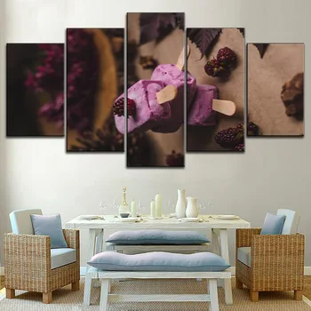 

5 Pieces Canvas Printing Fruits Raspberry Ice Cream Poster Home Decor Wall Art Kitchen & Restaurant Type Style Modular Pictures