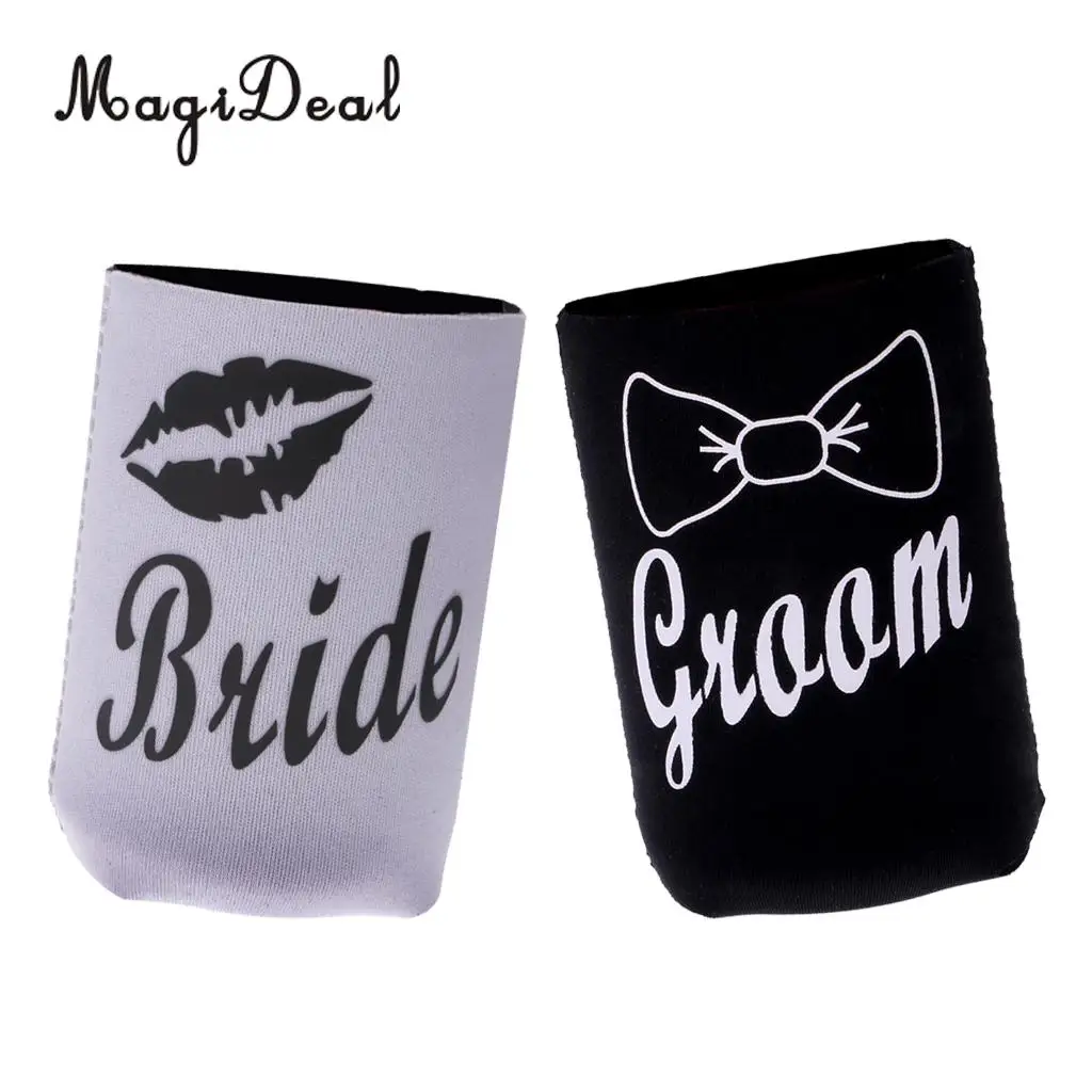 MagiDeal 2Pcs Neoprene Bride Lips Groom Stubby Beer Tin Can Cooler Sleeve Holder for Wedding Party Picnic BBQ Novelty Gift
