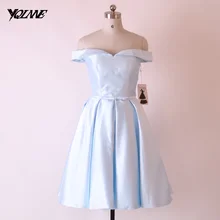 Echt Fotos Weg Von der Schulter Cocktailkleider Sky Blue Stain Falten Ballkleid Bogen Knielangen Frauen Kleid