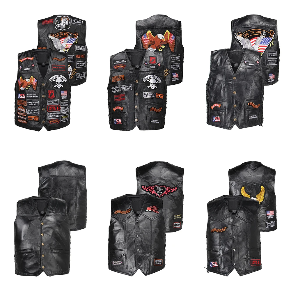 Leather Motorcycle Jacket Men Women Embroidery Patches Vintage Retro Motorcycle Vest Motorbike Moto Autumn Winter Plus Size 4XL