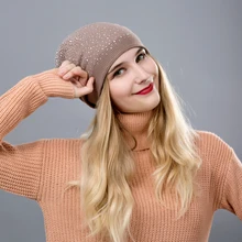 Модная зимняя шапка для женщин Skullies Beanies, вязаная теплая шапка для девушек, плотная женская шапка, однотонные женские шапки унисекс, стразы