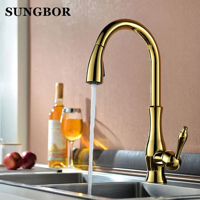 Cheap Luxury Golden Handheld Pull Out Kitchen Faucet Deck Mounted 360 Swivel Kitchen Mixer Hot and Cold Taps Stream Sprayer Nozzle