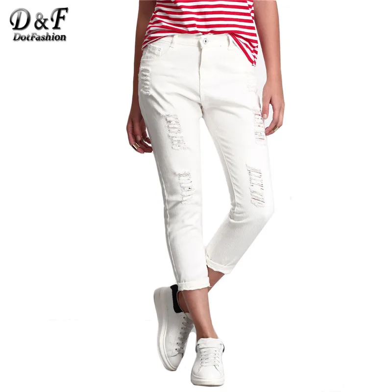 

Dotfashion Trousers Women Korean Pants Women Clothes European American Style White Ripped Straight Button Fly Casual Pants