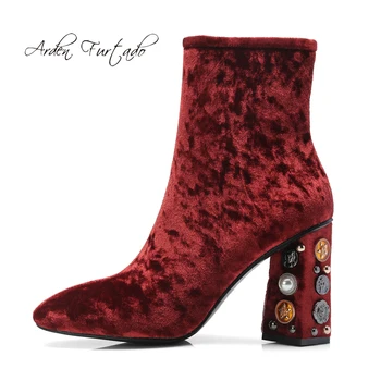 

Fashion women's shoes winter 2019 zipper women's boots short boots burgundy big size 43 burgundy velvet zipper ankle boots new