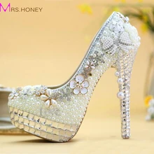 Luxury Bowtie Crystal Wedding Shoes Ivory Pearl Bride Shoes Plus Sie Wedding Dinner Party Prom High Heels Handmade Women Pumps