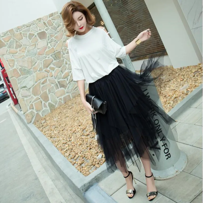 

Summer mesh skirt high waist long section solid color skirt mesh irregular skirt
