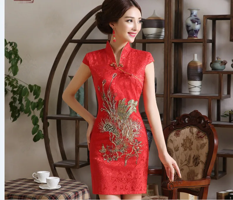 XXXL красные платья невесты Блестки Феникс Короткие повседневные Cheongsam Qipao золотая линия улучшение короткий рукав лето Chipao 4XL