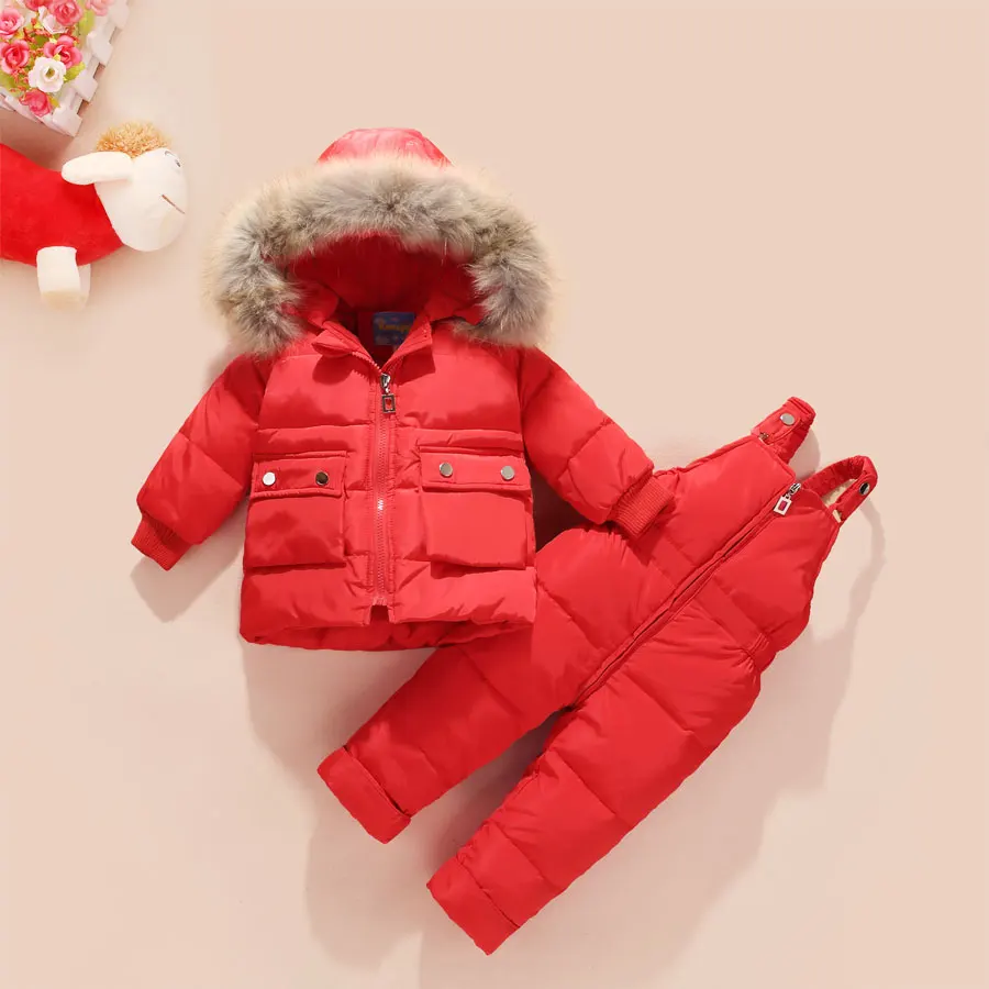 Пуховое пальто с натуральным мехом, куртка с капюшоном+ комбинезон для маленьких девочек и мальчиков, детская одежда, пальто Зимний комплект из 2 предметов зимняя одежда для маленьких девочек