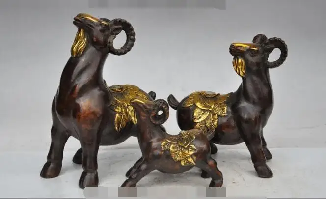

S3048 8" China fengshui bronze gilt zodiac 3 sheep goat auspicious lucky family statue