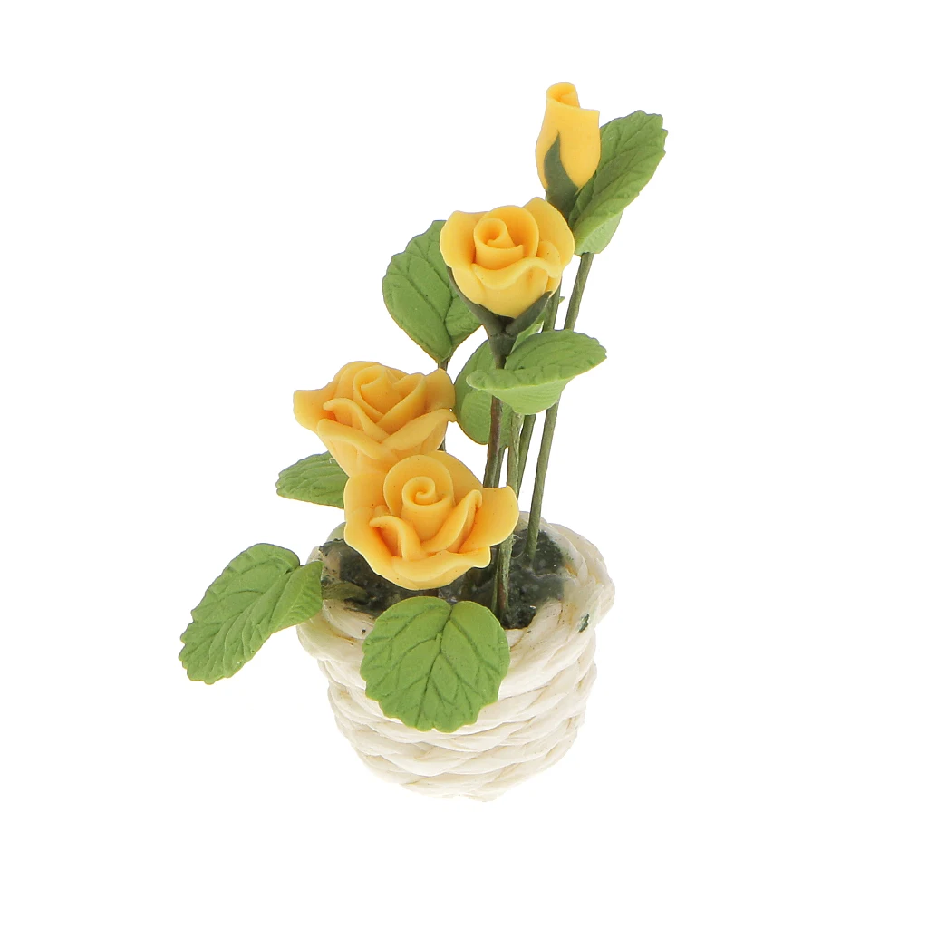 Miniature Yellow Rose Buds Flowers in White Rattan Pot Dolls House Fairy Garden Plant Ornament Accessory