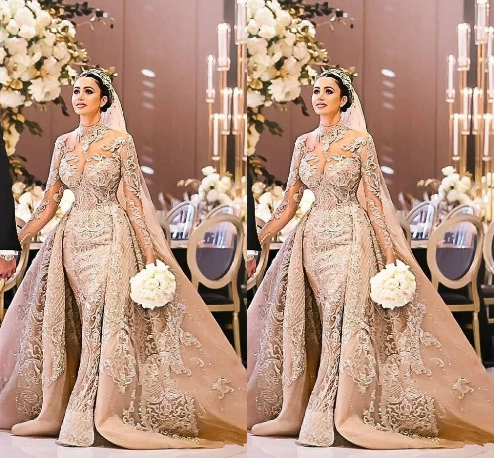 

Arabic Dubai Gorgeous High Neck Long Sleeve Wedding Dress 2019 Mermaid Lace Appliques Detachable Train Bridal Gown