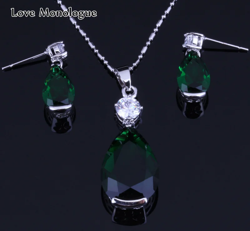 

Everlasting Water Drop Green Imitation Emerald Cubic Zirconia Earrings / Pendant / Necklace Silver Color Jewelry Sets H0065