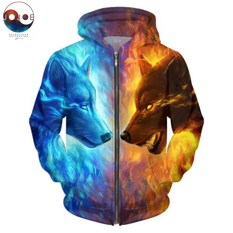 Ice and Fire by JojoesArt 3D толстовки на молнии с волком унисекс мужские капюшоном бренд