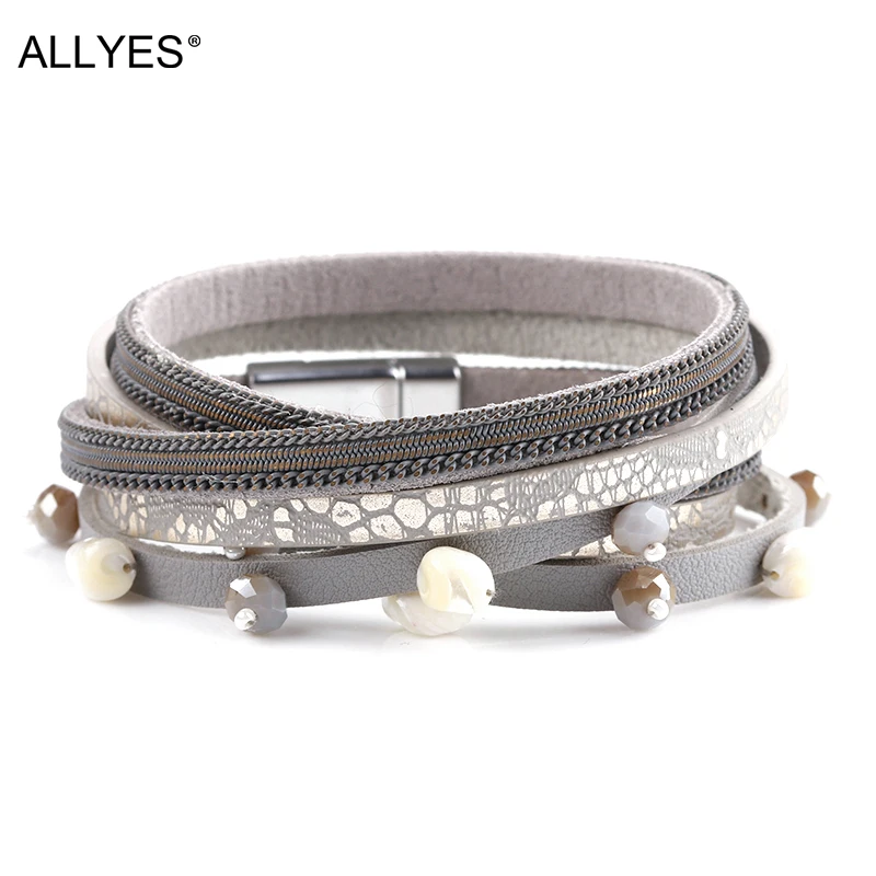 

ALLYES Vintage Shell Crystal Stone Charm Leather Bracelet Female Multilayer Wide Wrap Bracelets & Bangles For Women Jewelry