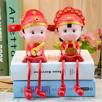 

Chinese Style Bride & Groom Loving Couple Resin Doll Wedding Decor Red Resin Model Hanging Foot Doll Valentines Gift