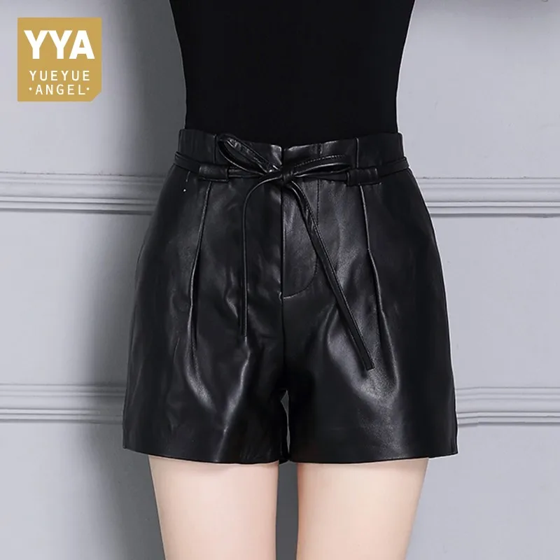 

New Office lady Punk Style Female Shorts Genuine Leather Streetwear Casual High Waist Drawstring Trousers Sheepskin Autumn Woman