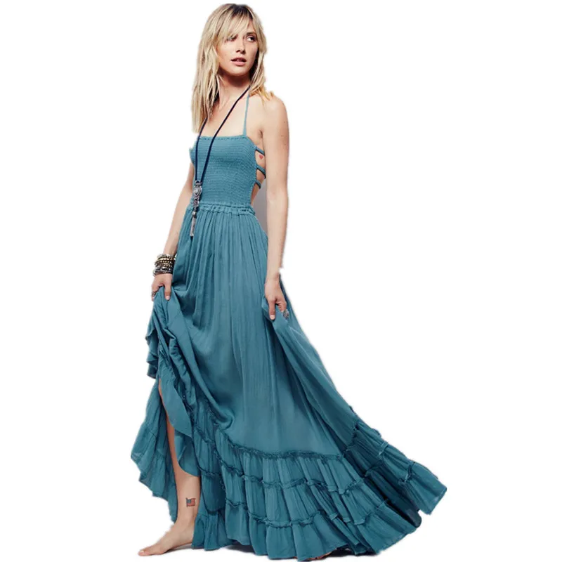 Boho chic Холтер шифоновое длинное платье Для женщин спинки 2018 макси платья vestidos