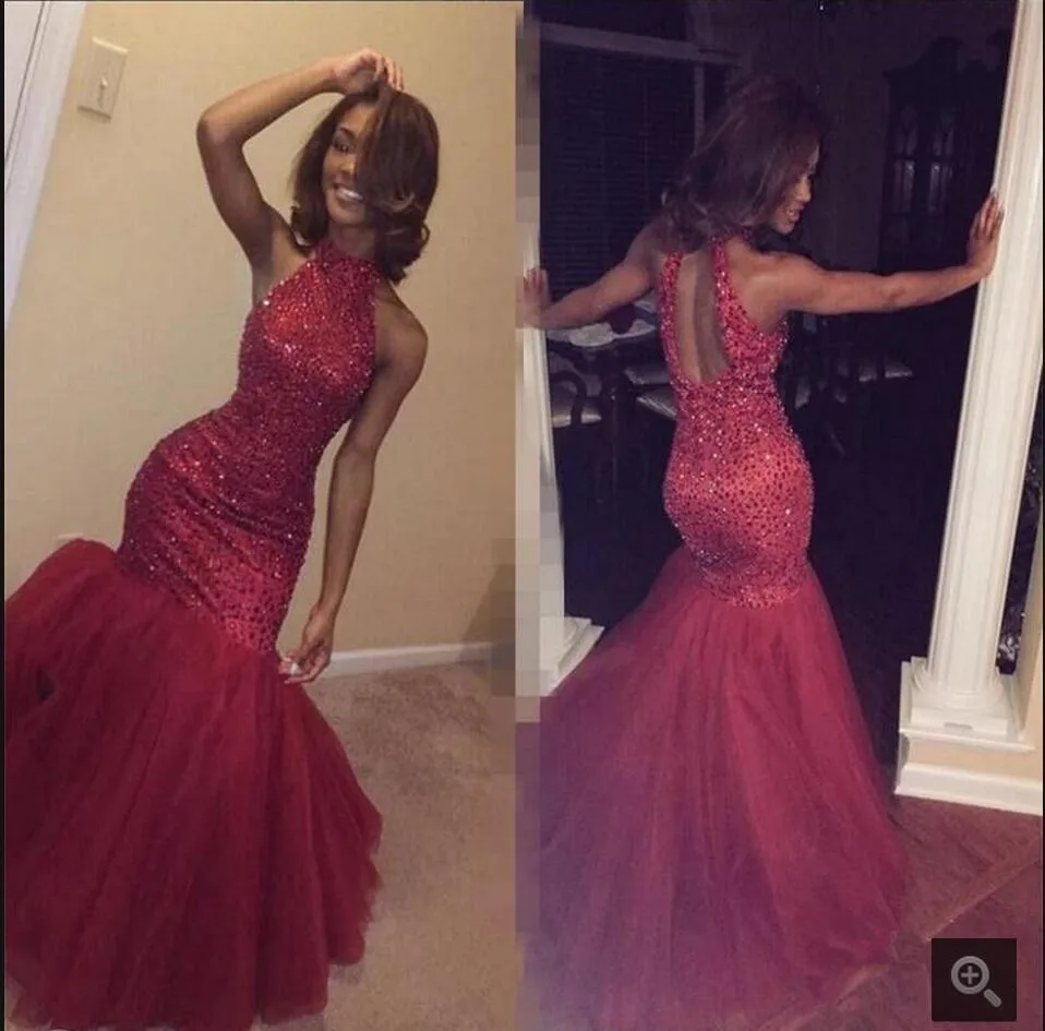 

BONJEAN Long Halter Mermaid Prom Dresses 2019 abendkleider Beading Red African Fishtail Latest Evening Gown Designs Graduation