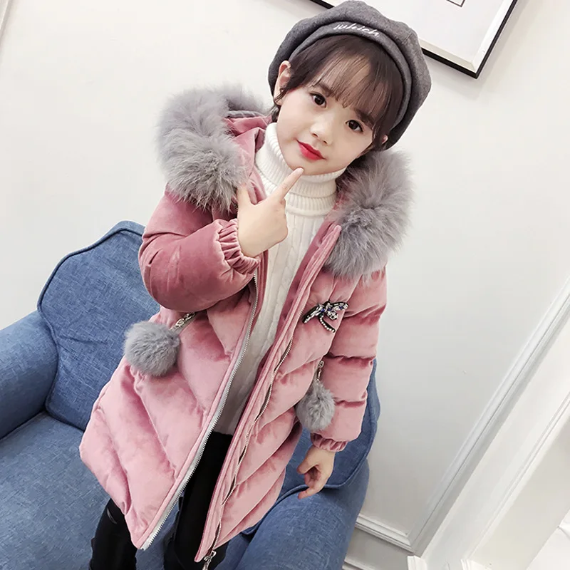 

New 2019 Kids Girls Winter Jackets Velour Thick Children Coats Warm Fur Collar Parka Hooded Long Cotton Baby Girl Clothes 8 10 Y