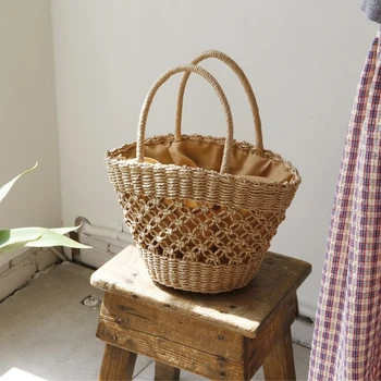 

New 2018 Handmade Beach Bag with Openwork Net, Woven Straw Bag, Bucket, Summer Ladies Handbag, High Quality Natural Basket