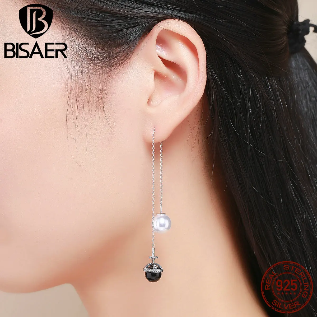 

100% 925 Sterling Silver White & Black Simulated Pearl Round Long Drop Earrings Women Fashion Sterling Silver Friendship Jewelry