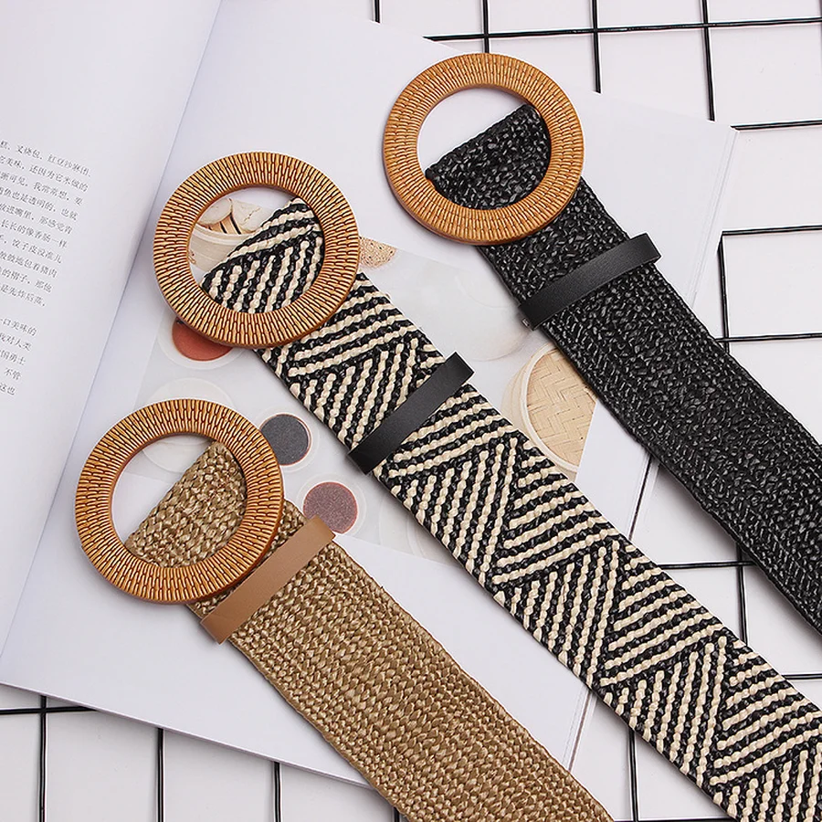 

Striped Casual Round Buckle Straw Belt Holiday Beach Elastic Waist Wooden Buckl Belt Women Fashion Girdle Knitted Belts Female