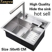 Квартира, высокое качество, кухонная ручная раковина, одиночное корыто, роскошная, 304, нержавеющая сталь,, 500x450 мм