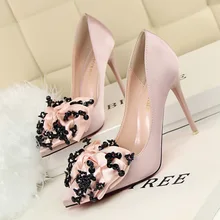 Free shipping fashion point toe silk pumps women Sequined bow shoes heels10cm