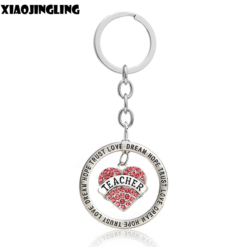 

XIAOJINGLING Pink Clear Rhinestones Teacher Key Chain Trust Hope Dream Love Heart Pendant Keychains Car Key Ring Teacher's Day