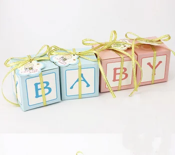 

200 x Blue / Pink Milk Bottle Square Baby Shower Candy Boxes Baby Baptism Birthday Party Cholocate Gift Box With Ribbons & Tags