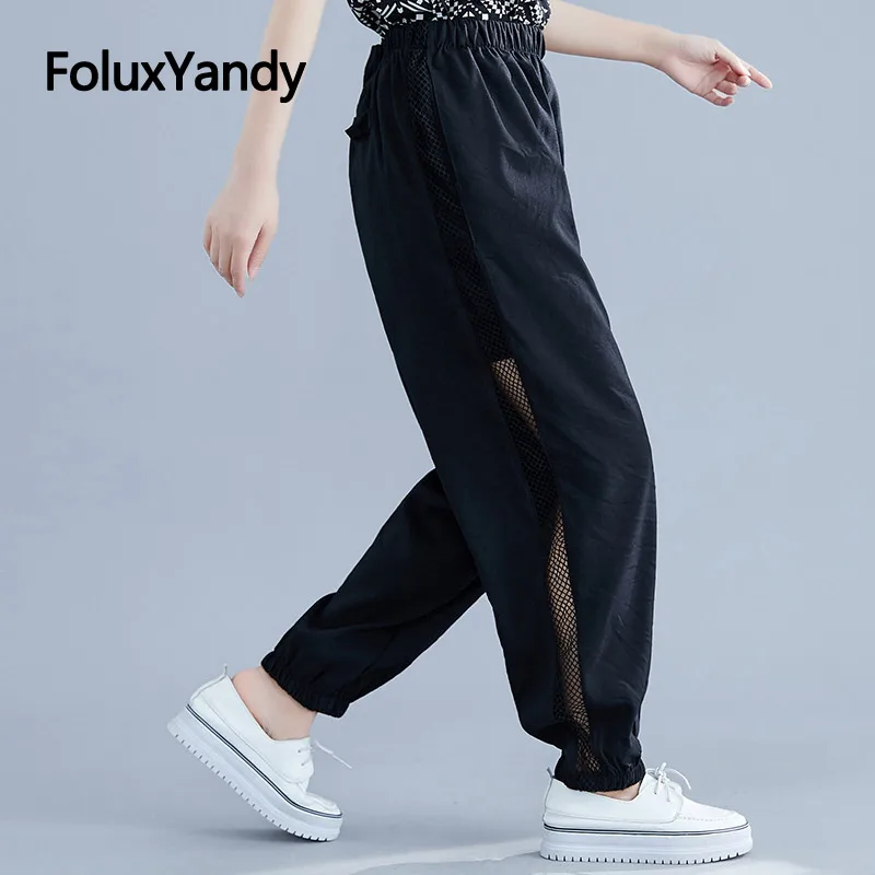 

Mesh Hollow Out Pants Black Trousers Women Plus Size Loose Thin Summer Casual High Waist Harem Pants NQYL102