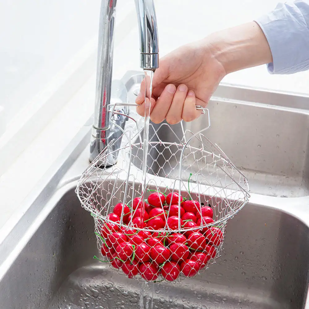 

Multi-Function French Fries Holding Basket Stainless Steel Foldable Strainer Kitchen Utensil Storage Basket