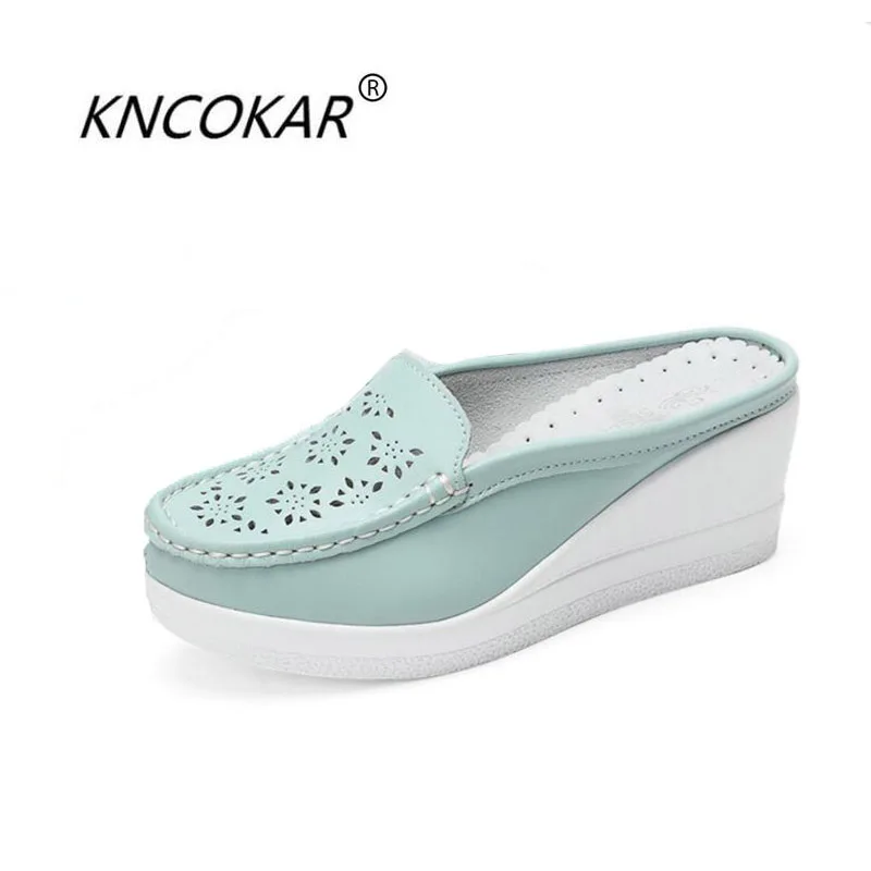 

KNCOKAR Summer new style of women's fashion simple real leather outside wear thick bottom slope and baotou hollow slippers