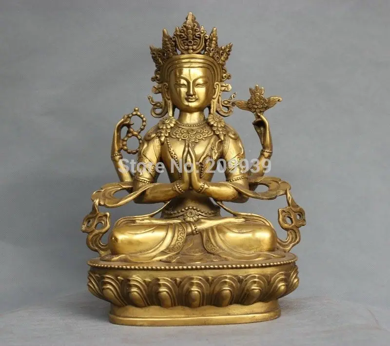 

huij 005771 China Tibet Bronze 4 Arms Kwan-yin Chenrizg Buddha Statue