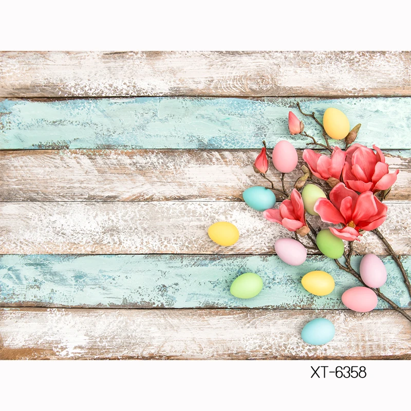 HUAYI custom Backdrop red blossoming flowers colorful Macarons easter eggs mini Photography on old wood board background XT-6358