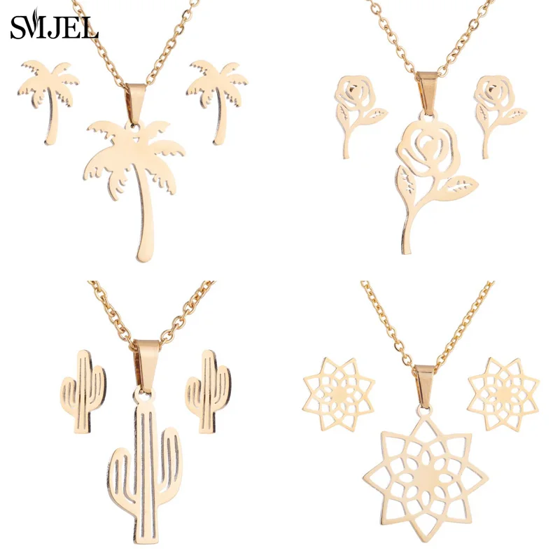 

Smjel Gold Color Palm Tree Necklace Women Boho Jewelry Stainless Steel Chain Coconut Cactus Flower Beauty Gift Collier Femme