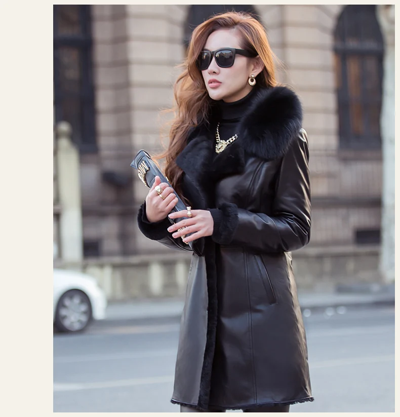Роскошная зимняя женская куртка из натуральной кожи с лисьим меховым воротником, пальто из натуральной овчины, Женская Толстая теплая шерстяная Верхняя одежда PY026
