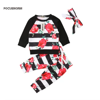 

3Pcs Newborn Toddler Toddler Baby Girl Rose Flower Sweatshirt Tops+Pants+Headband Outfit Clothes Set 0-24M