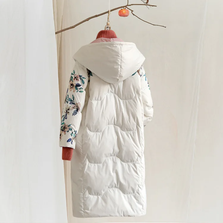 Literary Retro Down Jacket Printing Loose Long Hooded Down Jacket Coat Women Winter White Black Literary Retro Down Jacket Printing Loose Long Hooded Down Jacket Coat Women Winter White Black
