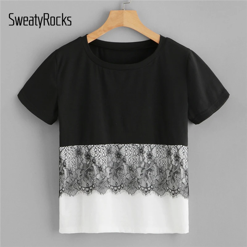 SweatyRocks Colorblock التباين الدانتيل اثنين من لهجة المحملة المرأة الصيف تيز و القمم 2019 جديد الشارع الشهير المحملة قميص عارضة القمصان