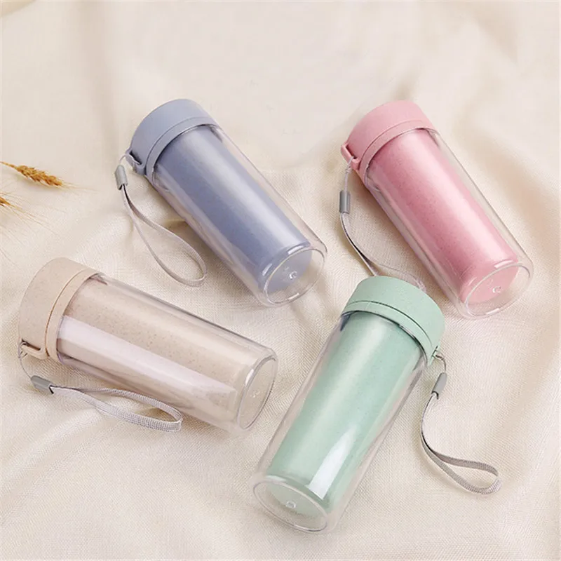 350ML Straw Wheat Incense Plastic Hand Water Bottles Kitchen Bar Table Supplies Double Layer Insulation Water Bottle