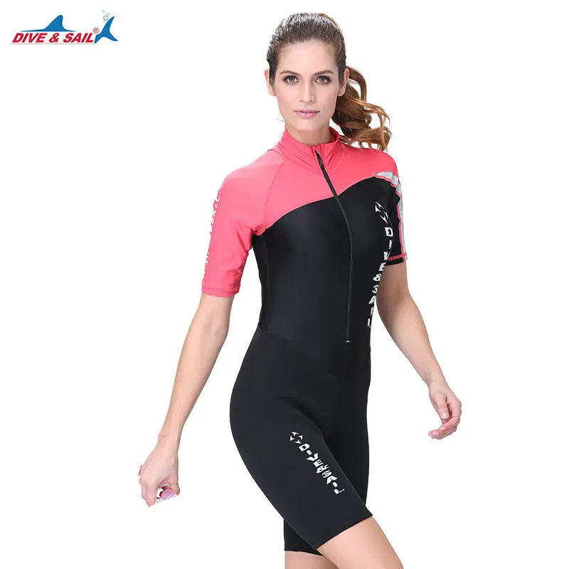 DIVE& SAIL 1,5 мм неопреновый гидрокостюм для мужчин и женщин с длинным/коротким рукавом, цельные гидрокостюмы для плавания, комбинезон для серфинга, рашгарды - Цвет: Short Sleeve Red
