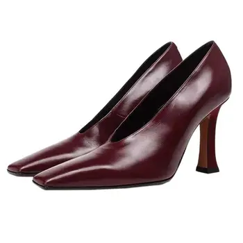 

Kmeioo Spring Autumn Cow Leather Shoes Woman Square Toe High Heels Fashion Slip-On High Heels Zapatos Mujer Wine Black White
