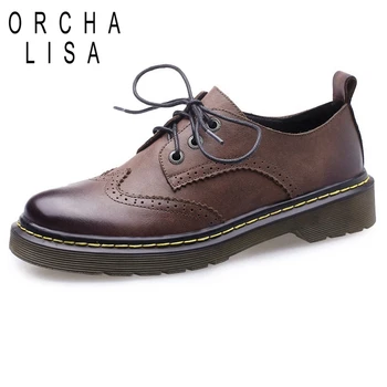 

ORCHA LISA Women genuine leather shoes Brogue Flat with Round toe Lace up Office career Black Wine Coffee Spring summer Big size